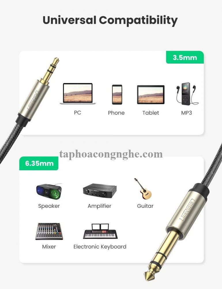 Ugreen 10630 5M màu xám đen cáp 3.5mm TRS ra 6.35mm TS Stereo Pro Audio mạ vàng 24K AV127 30010630